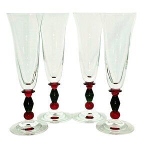 Mikasa Festive Kensington Fluted Champagne Glasses 9" red green stemware set-4